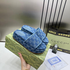 Gucci GG Women Platform Slide Sandal Blue With OG Box Carry Bag 1892 Blue