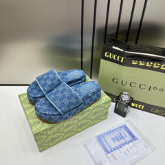 Gucci GG Women Platform Slide Sandal Blue With OG Box Carry Bag 1892 Blue