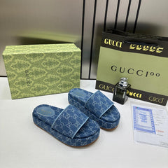 Gucci GG Women Platform Slide Sandal Blue With OG Box Carry Bag 1892 Blue