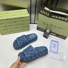 Gucci GG Women Platform Slide Sandal Blue With OG Box Carry Bag 1892 Blue