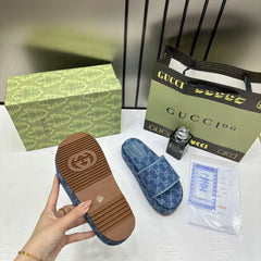 Gucci GG Women Platform Slide Sandal Blue With OG Box Carry Bag 1892 Blue