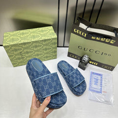 Gucci GG Women Platform Slide Sandal Blue With OG Box Carry Bag 1892 Blue