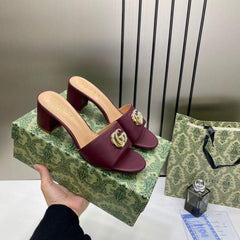 Gucci Womens Leather_Mid-Heel Mules With OG Box & Dust Bag Burgundy Brown
