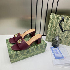 Gucci Womens Leather_Mid-Heel Mules With OG Box & Dust Bag Burgundy Brown