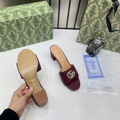 Gucci Womens Leather_Mid-Heel Mules With OG Box & Dust Bag Burgundy Brown