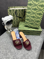 Gucci Womens Leather_Mid-Heel Mules With OG Box & Dust Bag Burgundy Brown