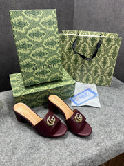 Gucci Womens Leather_Mid-Heel Mules With OG Box & Dust Bag Burgundy Brown