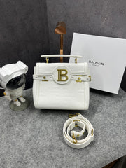 Balmain B-Buzz 23 Leather Tote Bag With OG Box & Dust Bag Litchi Grain White