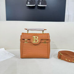 Balmain B-Buzz 23 Leather Tote Bag With OG Box & Dust Bag Litchi Grain Brown