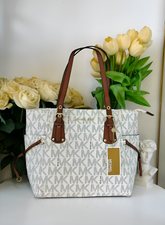 Michael Kors MK Voyager Tote Bag With Side Pocket & Dust Bag (Beige Brown 2003)