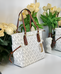 Michael Kors MK Voyager Tote Bag With Side Pocket & Dust Bag (Beige Brown 2003)