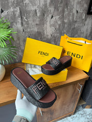 Fendi Sunshine Flip-flop Sandal With Platform In Cotton Fiber Brown Brown With OG Box & Carry Bag
