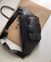 Coach Unisex Waist Pouch Track Belt Bag Signature Canvas Gunmetal Lock With Dust Bag (G1130 Black Black)