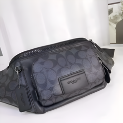 Coach Unisex Waist Pouch Track Belt Bag Signature Canvas Gunmetal Lock With Dust Bag (G1130 Black Black)