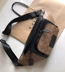 Coach Unisex Waist Pouch Track Belt Bag Signature Canvas Gunmetal Lock With Dust Bag (G1130 Apricot)