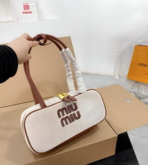 Miu Miu Beau Leather Canvas Brown Top-Handle Bag With Dust Bag Canvas Brown 502-1