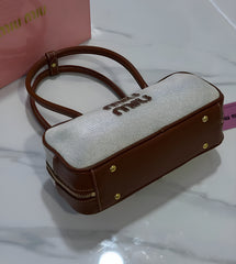 Miu Miu Beau Leather Canvas Brown Top-Handle Bag With Dust Bag Canvas Brown 502-1