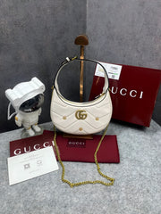 Gucci GG Marmont Half-Moon Shaped White Calfskin Gold Hardware White 770983 With OG Red Box & Dust Bag