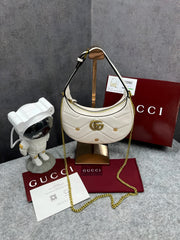 Gucci GG Marmont Half-Moon Shaped White Calfskin Gold Hardware White 770983 With OG Red Box & Dust Bag