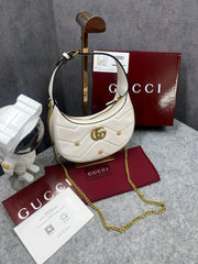 Gucci GG Marmont Half-Moon Shaped White Calfskin Gold Hardware White 770983 With OG Red Box & Dust Bag