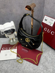Gucci GG Marmont Half-Moon Shaped Black Calfskin Gold Hardware Black 770983 With OG Red Box & Dust Bag