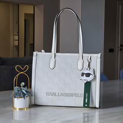 Karl Lagerfeld Textured Ikon Medium Structured Shoulder Bag White With Dust Bag