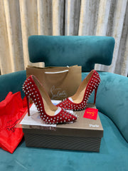 Christian Louboutin Pigalle Spikes Red Pointed Toe Heels For Women With OG Box Carry Bag & Dust Bag Red