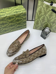 Gucci Womens Jordaan Loafers Wid OG Box & Carry Bag Khakhi Crystal