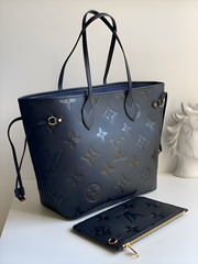 Louis Vuitton Black Monogram Giant With Pouch Empreinte Leather Neverfull MM Bag Black With Dust Bag