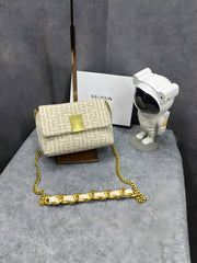 Balmain 1945 Soft Mini Bag Jacquard Monogram With OG Box & Dust Bag Apricot 396