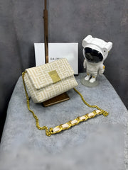 Balmain 1945 Soft Mini Bag Jacquard Monogram With OG Box & Dust Bag Apricot 396