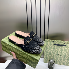 Gucci Prince Town Horsebit Black Sparkle Loafers Mule For Women Wid OG Box & Carry Bag