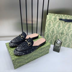 Gucci Prince Town Horsebit Black Sparkle Loafers Mule For Women Wid OG Box & Carry Bag