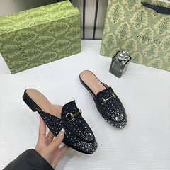 Gucci Prince Town Horsebit Black Sparkle Loafers Mule For Women Wid OG Box & Carry Bag