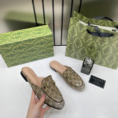 Gucci PrinceTown Horsebit Khakhi Sparkle Loafers Mule For Women Wid OG Box & Carry Bag