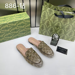 Gucci PrinceTown Horsebit Khakhi Sparkle Loafers Mule For Women Wid OG Box & Carry Bag