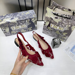 Christian Dior JAdior Slingback Transparent Mesh Maroon Dior Embroidery Flat With OG Box Dust Bag & Carry Bag