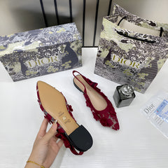 Christian Dior JAdior Slingback Transparent Mesh Maroon Dior Embroidery Flat With OG Box Dust Bag & Carry Bag