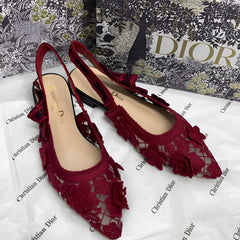 Christian Dior JAdior Slingback Transparent Mesh Maroon Dior Embroidery Flat With OG Box Dust Bag & Carry Bag