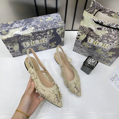 Christian Dior JAdior Slingback Transparent Mesh Beige Cream Dior Embroidery Flat With OG Box Dust Bag & Carry Bag