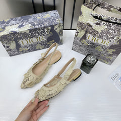 Christian Dior JAdior Slingback Transparent Mesh Beige Cream Dior Embroidery Flat With OG Box Dust Bag & Carry Bag