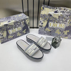 Dior Riviera Dway Platform Raffia Slides For Women With Original Box And Carry Bag Grey 5099-10