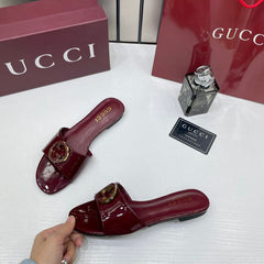 Gucci Round Interlocking G in Rosso Red Leather Shiny Classic Slides With OG Box & Carry Bag 1892