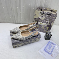 Christian Dior JAdior Slingback Grey Dior Embroidery Flat With OG Box Dust Bag & Carry Bag 5108 Grey