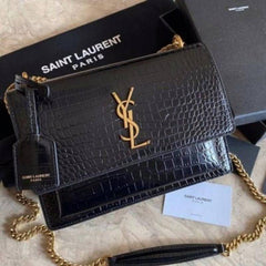 Ysl Saint Laurent Sunset bag Black Croc Embossed Leather With OG Box Dust Cover 25041 Black