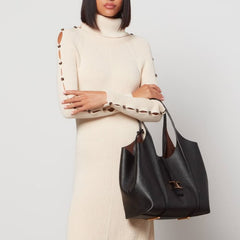 Tods T Timeless Premium Quality Leather Bag With Extra Pouch & OG Box With Dust Bag (Black - 444)