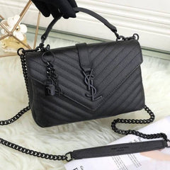 Ysl Saint Laurent College Quilted Leather Bag Electric Black With OG Box Dust Cover & Carry Bag 1324 Electric Black