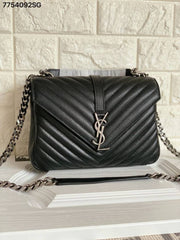 Ysl Saint Laurent College Quilted Leather Bag Ancient Silver Black With OG Box Dust Cover & Carry Bag 1324 Ancient Silver Black