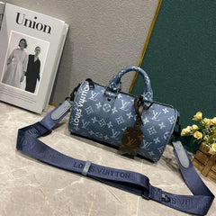 Louis Vuitton LV M46803 Keepall Bandouliere Monogram Travel Speedy With OG Magnetic Box & Dust Bag & Extra Pouch (Blue Mono - 961)
