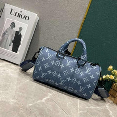 Louis Vuitton LV M46803 Keepall Bandouliere Monogram Travel Speedy With OG Magnetic Box & Dust Bag & Extra Pouch (Blue Mono - 961)